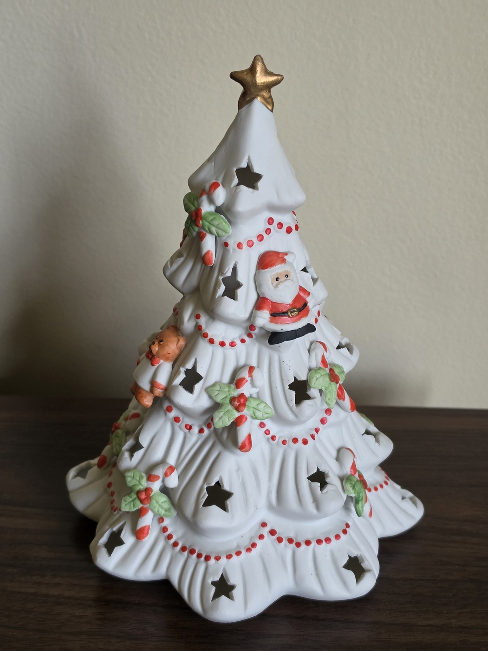 🌲 Ceramic Santa Teddy Bear Candy Cane White Christmas Tree Figurine